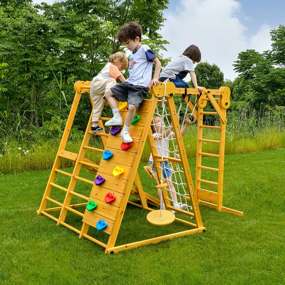 Outdoor Multifunction Montessori Kids Playground Wooden Climbing Frame with Swing