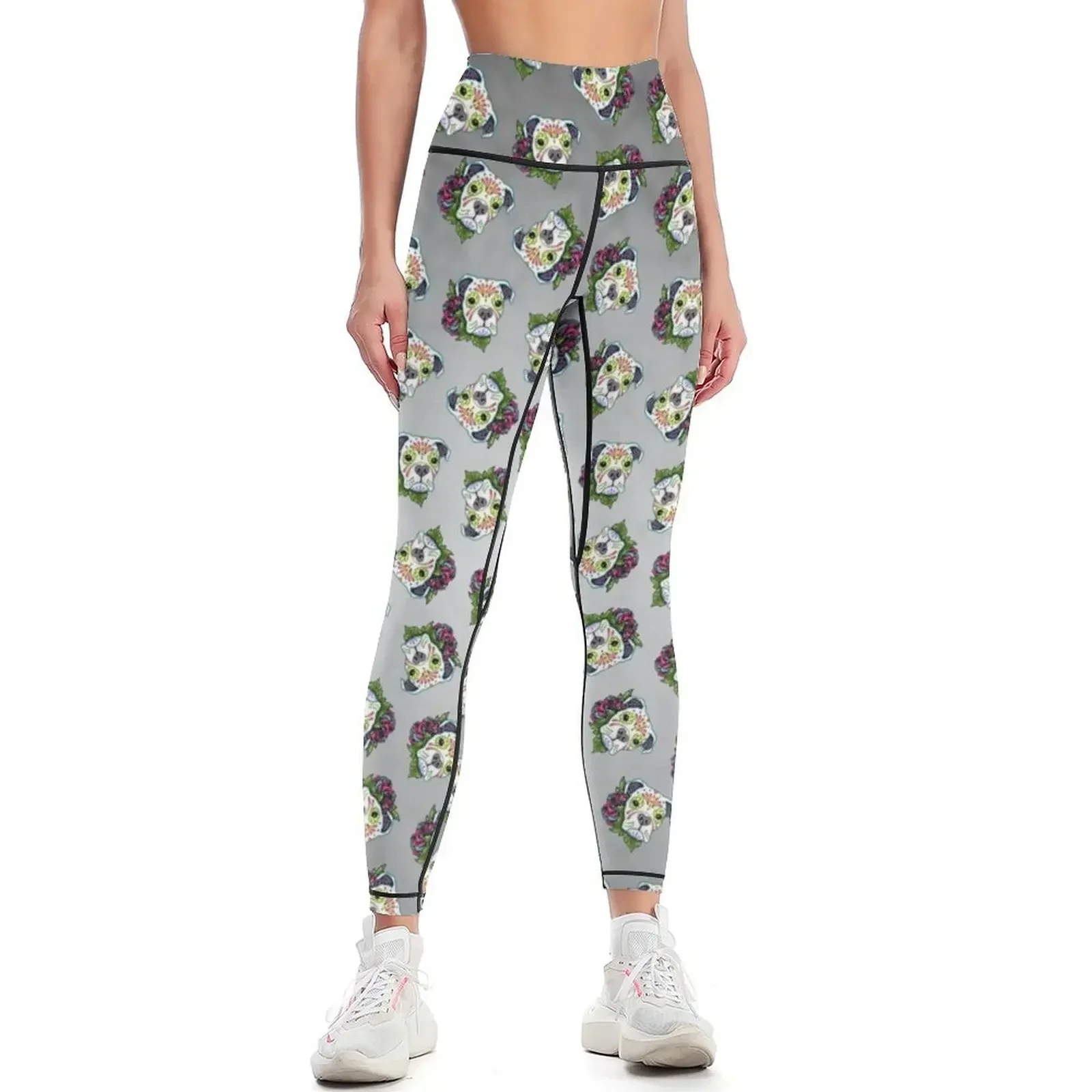 

Boxer in White- Day of the Dead Sugar Skull Dog Leggings workout shorts gym sportswear woman Womens Leggings