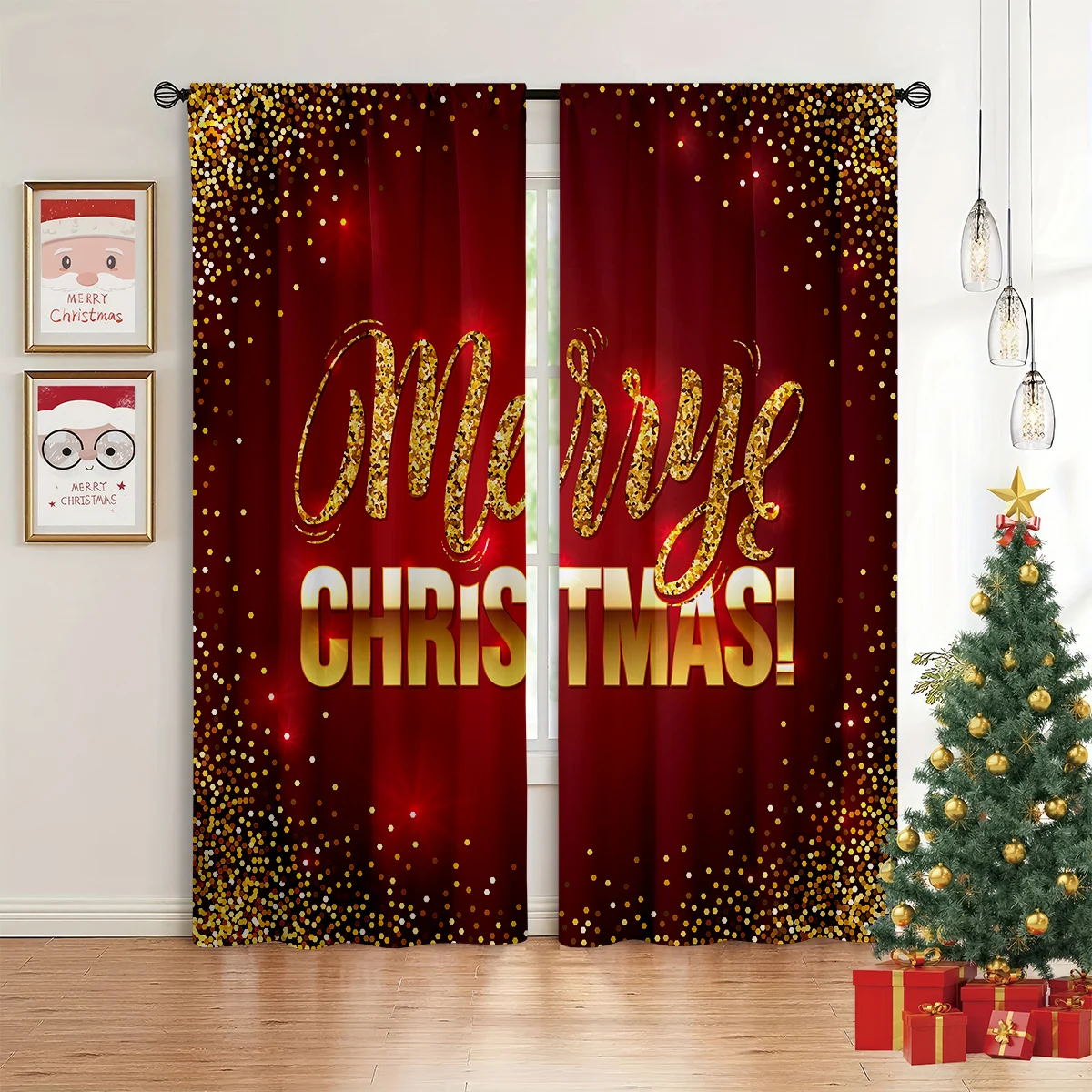 Christmas-Themed Letter Print Decorative Curtains, Vintage Red, New Year's Gift, Festive Window Curtains For Children's Rooms.