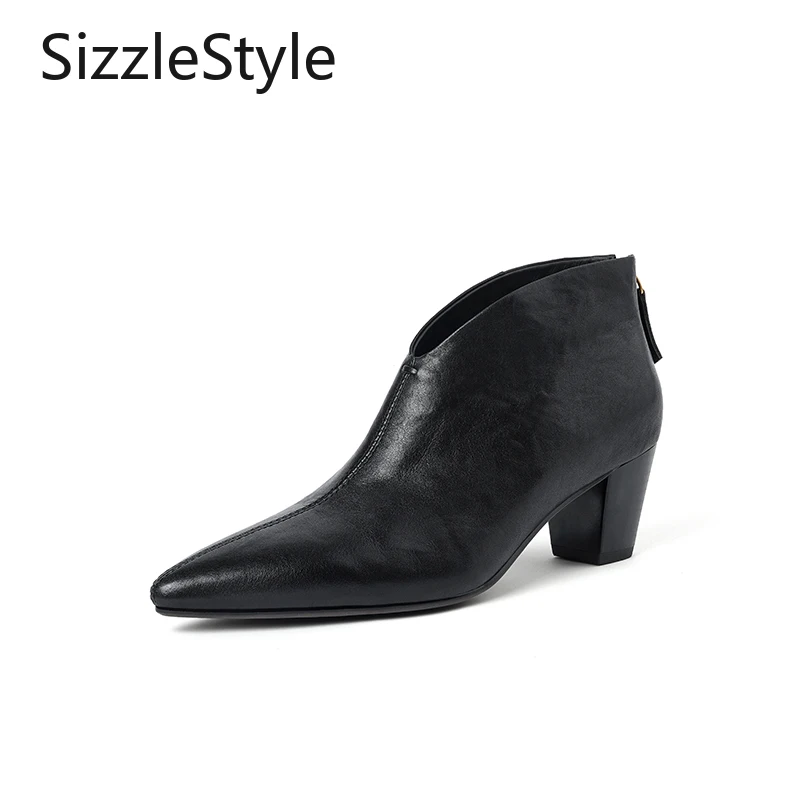 

Fashionable Ladies' Genuine Leather Pointed Toe Simple Contrast Stitching Thick Heel Versatile Short Boots