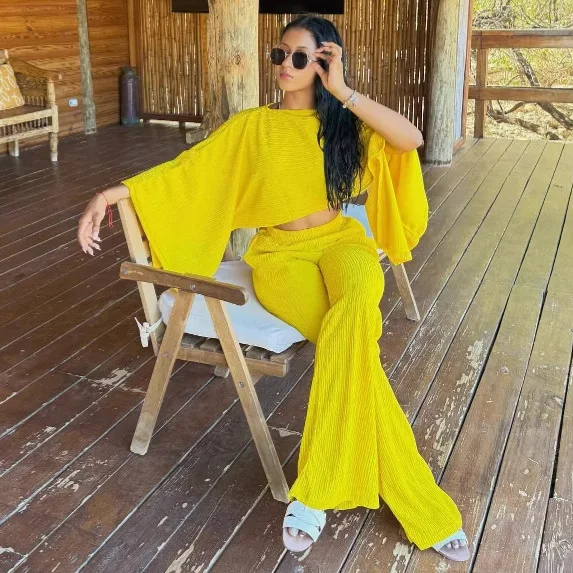 

Two Pieces Women Pant Sets Solid Matching Set Irregular Batwing Sleeves Top Elastic Waist Wide Leg Pant Loose Casual 2025 Autumn