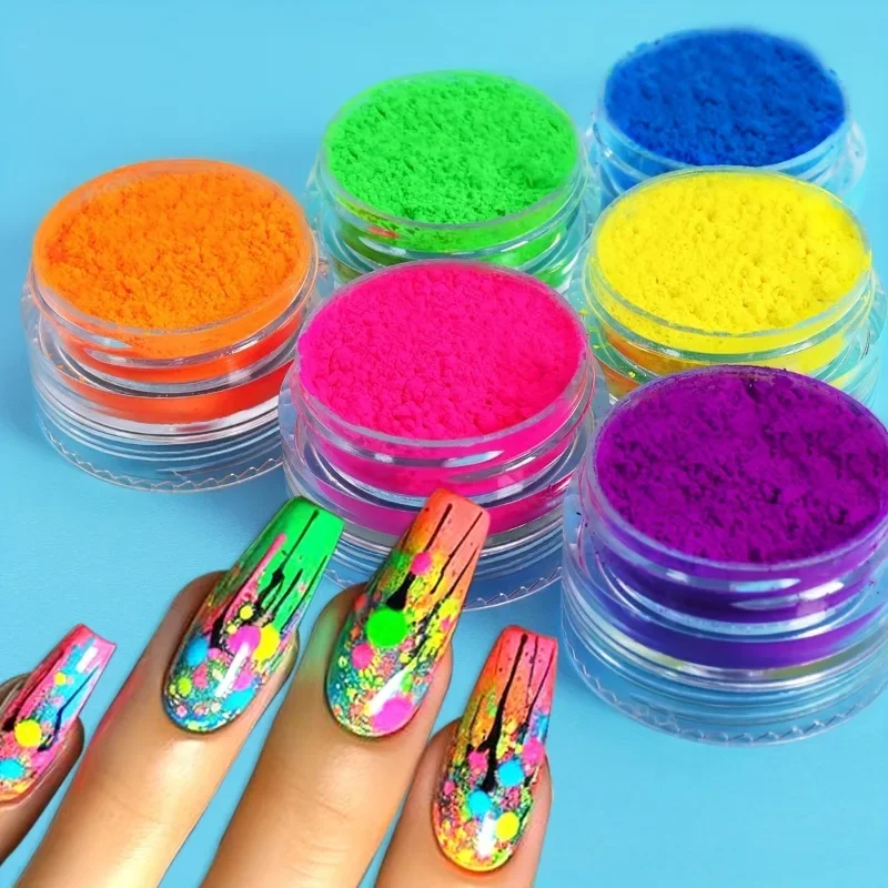 6 neonowe kolory zestaw proszek do zanurzania, fluorescencyjny chromowany farba do dekoracji paznokci, kolorowy gradient, bezwonny, DIY zdobienie