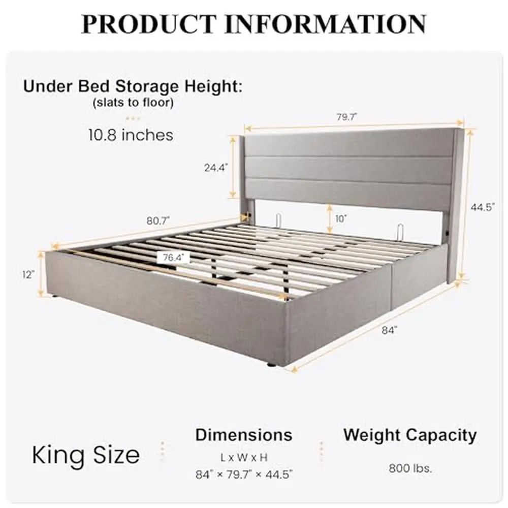 Modern Upholstered Platform Bed Frame with Wingback Headboard King Size Lift Up Storage Bed Hydraulic Mechanism No Box Spring