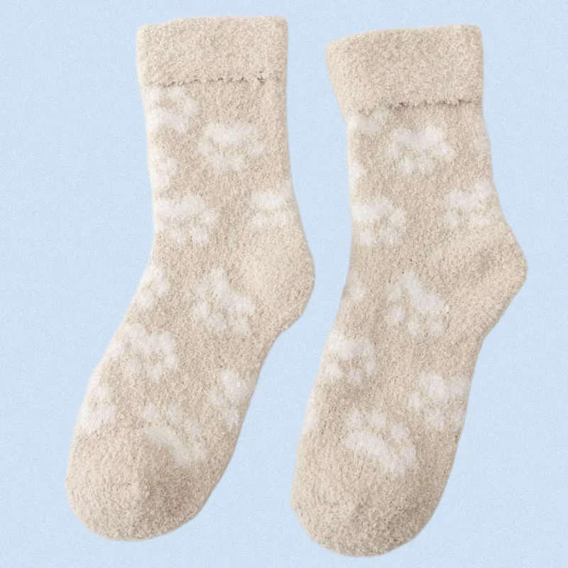 2/6 Pairs Autumn and Winter New Medium Tube Coral Fleece Women's Socks Thick Warm Floor Socks Cat's Paw Women's Socks