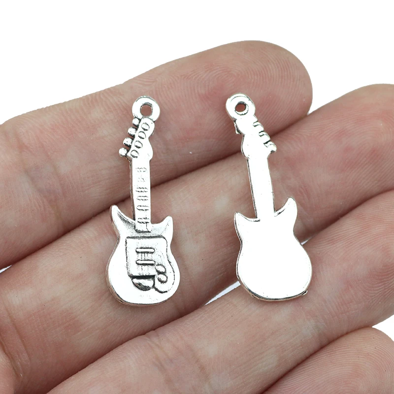 20 Pieces 10x30mm Antique Silver Color Guitar Charms Musical Keychain for DIY Jewelry Making