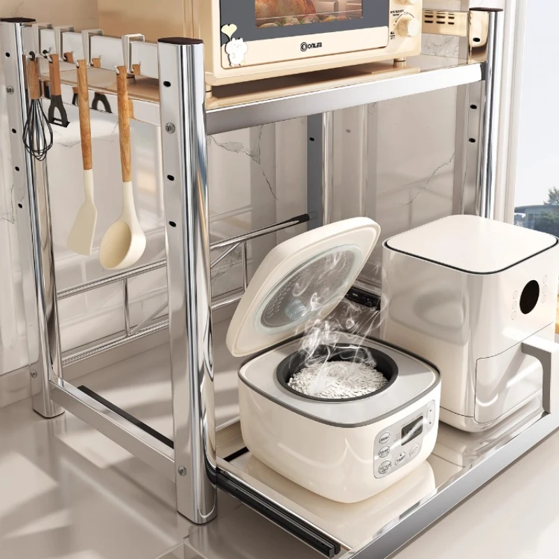

Stainless Steel Microwave Stand with 360° Swivel, Multi-Layer Pull-Out Appliance Holder, Extra-Wide Space for Kitchen Equipment