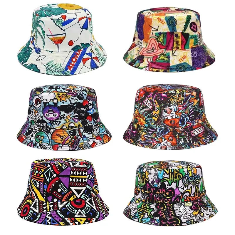 Double sided Outdoor Sun Hat Hip-Hop Cap Fishing Fisherman Graffiti Hat Men Women Animal Letter Print Panama Bucket Hats