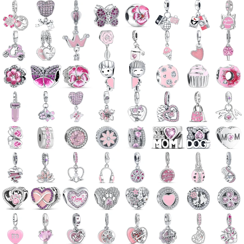 92 Styles Pink Series 925 Sterling Silver Butterfly Flowers Heart Love Mom Sweet Dangle Charm Beads Fit Pandora 925 Bracelet DIY