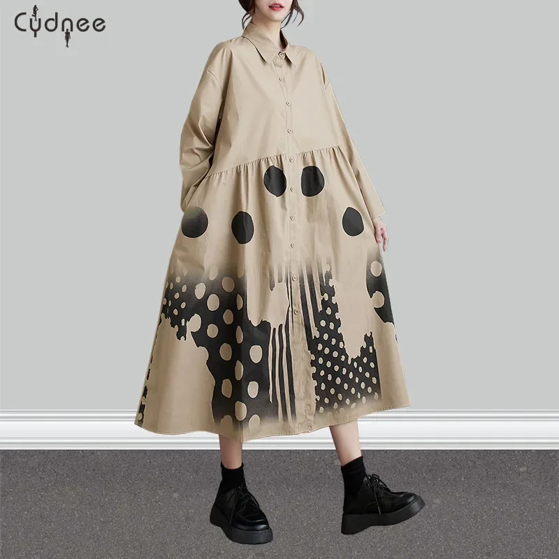 Japanese Yamamoto Dark Style Patchwork Polka Dot Print Loose Chic Street Fashion Women Spring Long Sleeve Casual Shirt Dresses