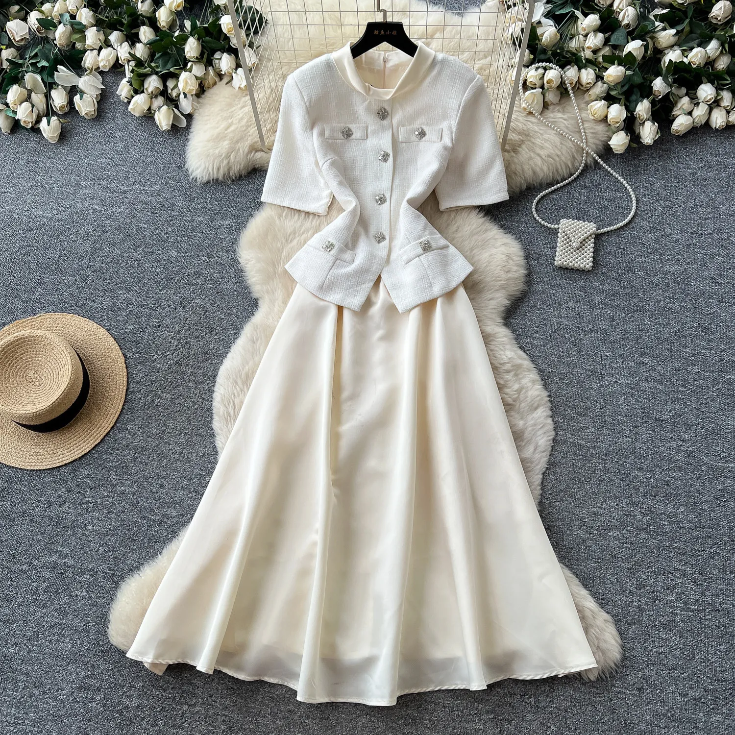 

Women Solid Dresses A Line Pleat Dress Ankle Lenth Short Sleeves O Neck Zipper Waist Cinch Slim Office Lady Elegant 2026 Summer