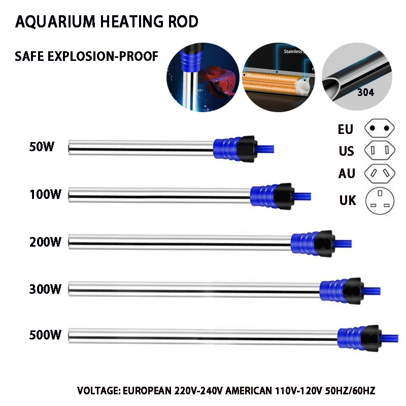 110V-220VFish tank heating rod 50/100/200/300/500W stainless steel adjustable aquarium heater submersible thermostat heating rod