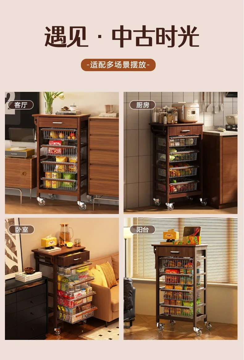 Rak troli kayu solid lemari samping bergerak dapur multi-lapis