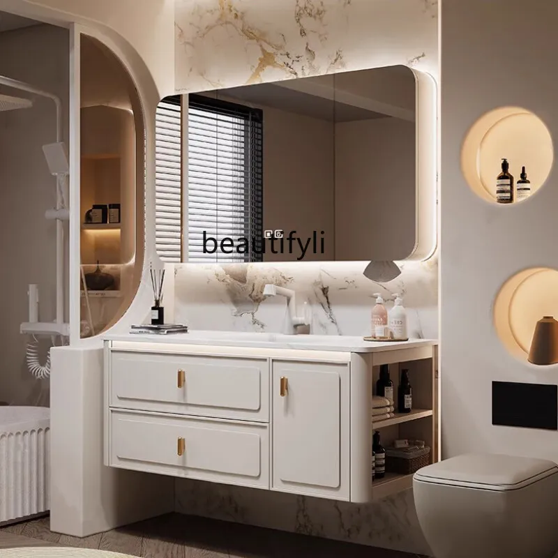 

Cream wind rock slab, integrated basin, bathroom cabinet, ceramic integrated basin, washbasin, washbasin cabinet, washbasin.