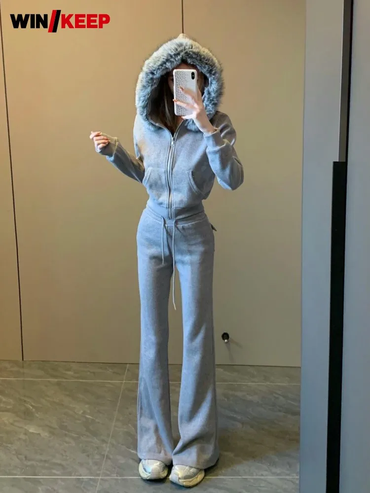 Winter Women Slim Fit Outdoor Running Set Faux Fur Hooded Sweatshirt Top Flare Pants Two Piece Set Jogging Tracksuit Sportswear