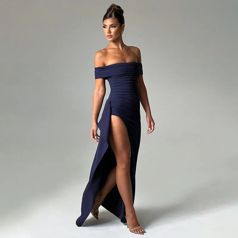 Elegant Evening Dress Pure Color Off-Shoulder Women\'s Sexy High Waist Side Slit Long Dress Formal Women\'s Party Evening Dress