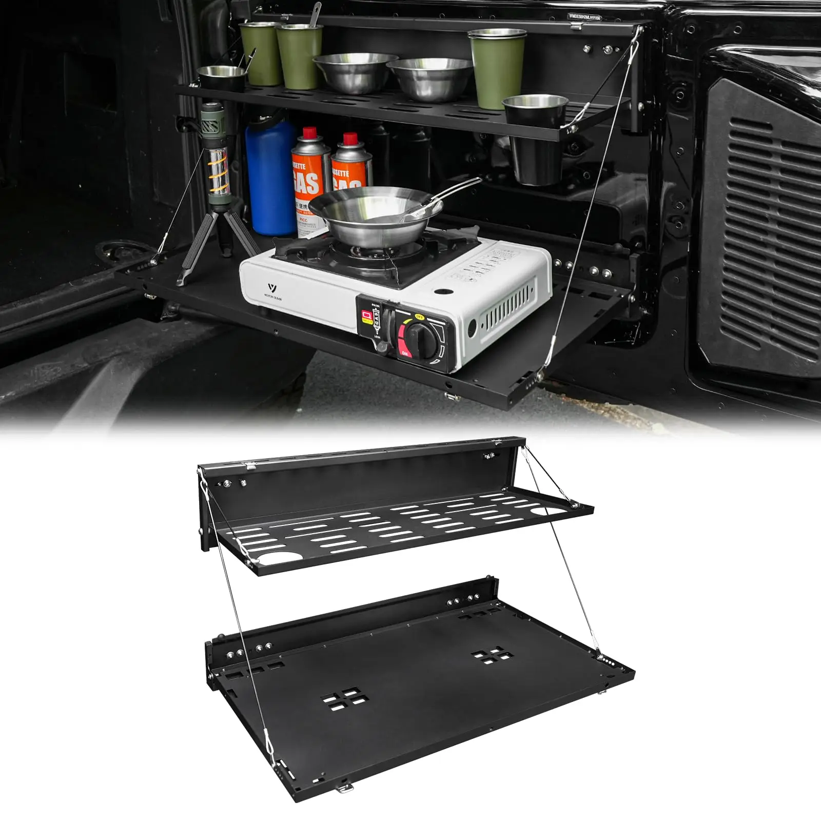 

Tailgate Table Molle Panel for Ford Bronco 2021-2024 2-Tier Foldable Rear Modular Storage Cargo Rack Shelf Outdoor Camping Desk