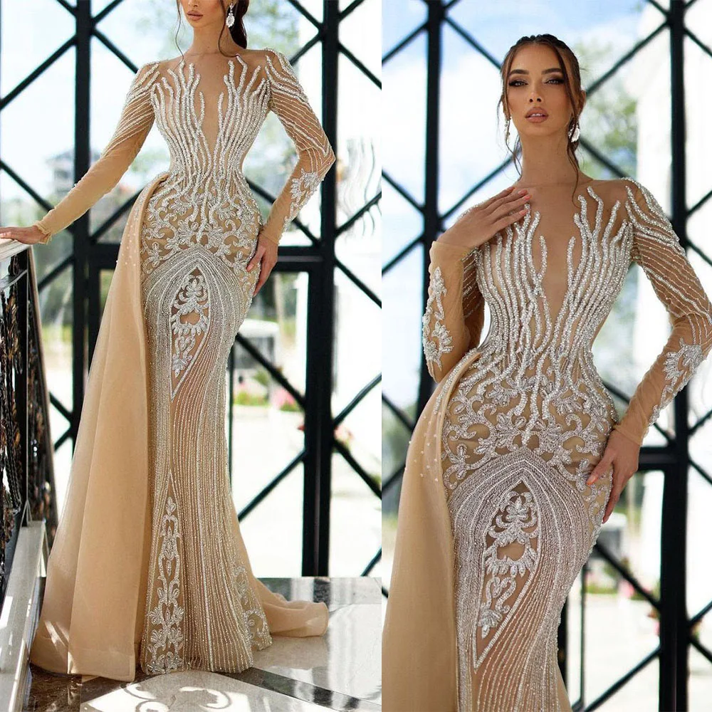 

Mermaid Prom Dress Long Sleeves Sexy Appliques Sequins Beads Lace High Neck Plus Size Hollow Pageant Evening Gowns Bridal Gowns