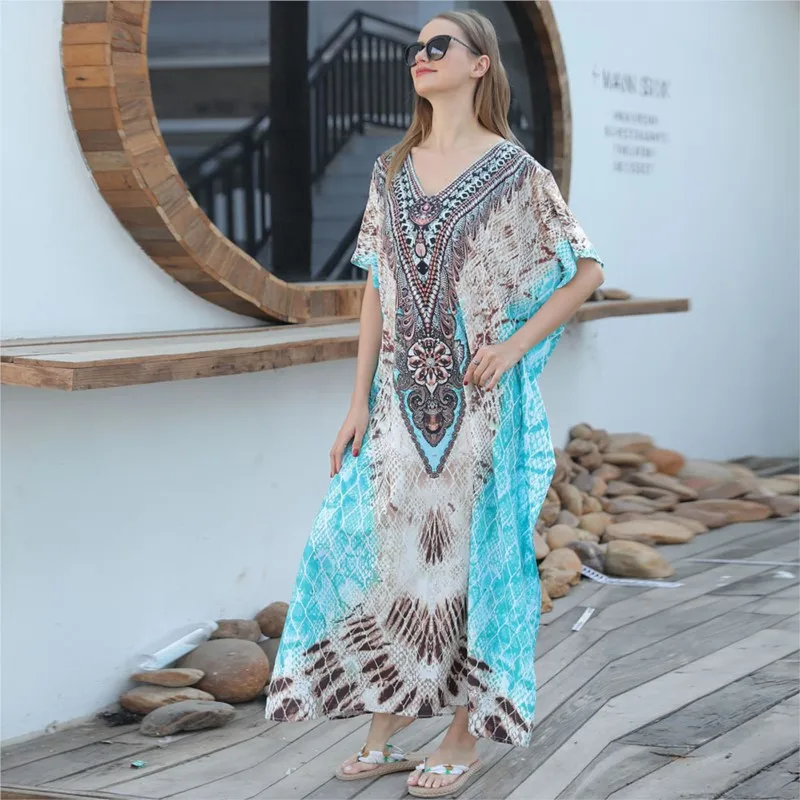 B-toto 2024 New Green Feather Printed Loose Robe Beach Skirt Seaside Travel Essential Fabric Comfortable Daily Matching