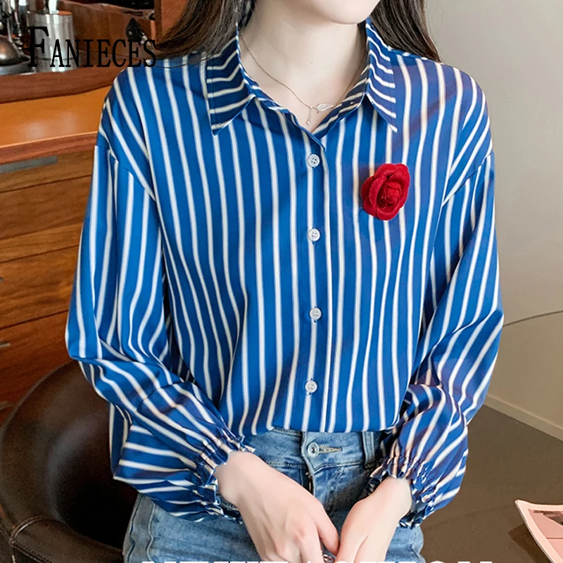 

FANIECES Blue Stripe Women Shirt Elegant Long Sleeve Lapel Button-up Female Blouses Elegant Youth Female Tops Casual Blusas