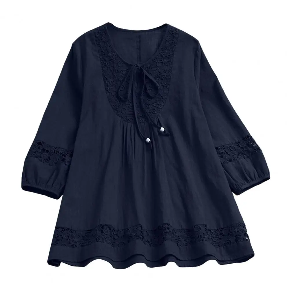 

Three-quarter Sleeve Blouse Elegant Lace Splicing Women's Casual Top with Three-quarter Sleeves Solid Color Loose Fit Pullover