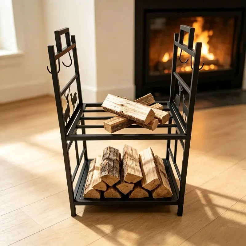 Match storage rack next to wrought iron indoor fireplace Double-layer firewood rack with hook fireplace tool storage rack