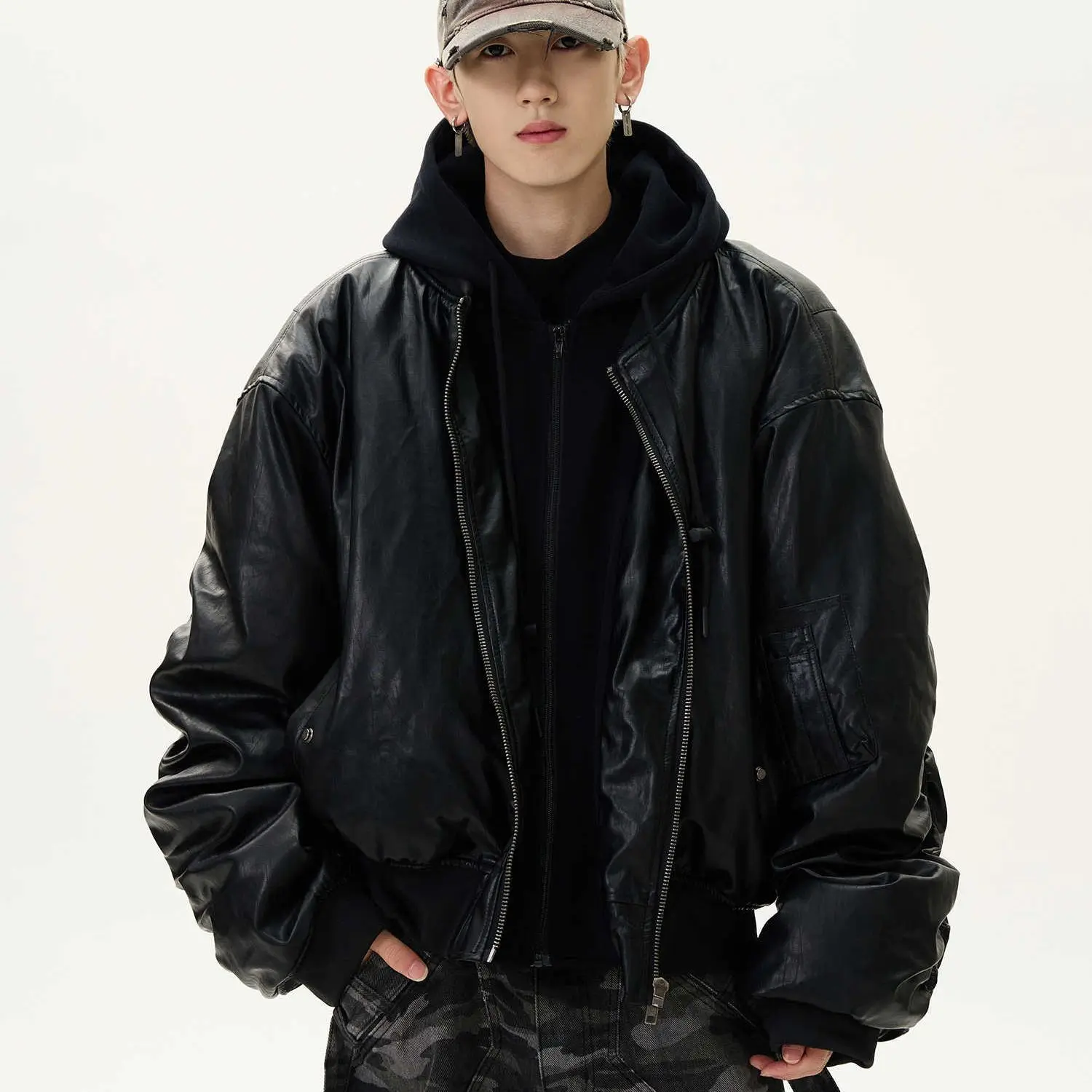 2025 New Spring Y2k Outerwears Vintage Black Faux Suede Leather jacket Men Zipper Fake 2 Piece Luxury Designer Clothes Hoodie