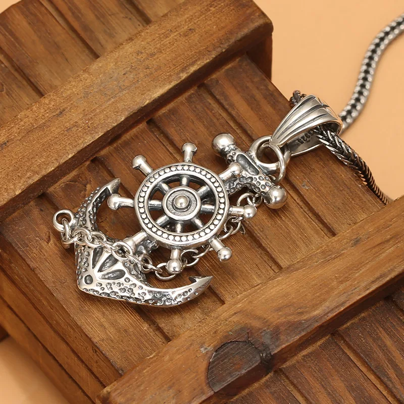 S925 sterling silver pirate ship rudder boat anchor pendant fashion punk necklace pendant punk distressed ornament