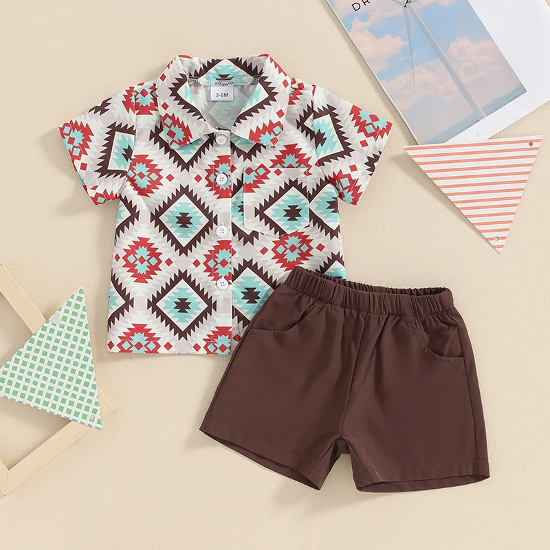 

2024-03-05 Lioraitiin Boys Summer Shorts Sets Short Sleeve Geometric Pattern Print Button Up Tops and Solid Color Shorts Sets