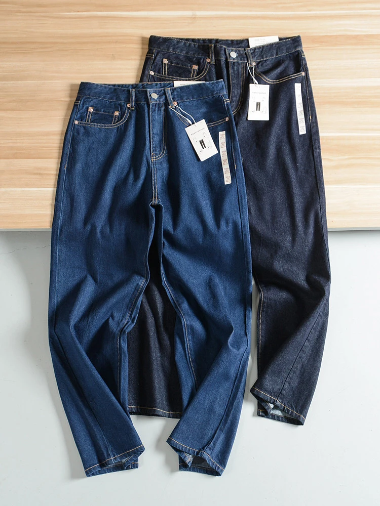 Classic Straight Leg Men's Jeans Indigo Cotton Casual Loose Fit Long Pants Vintage No Tag Versatile Everyday Blue Jeans