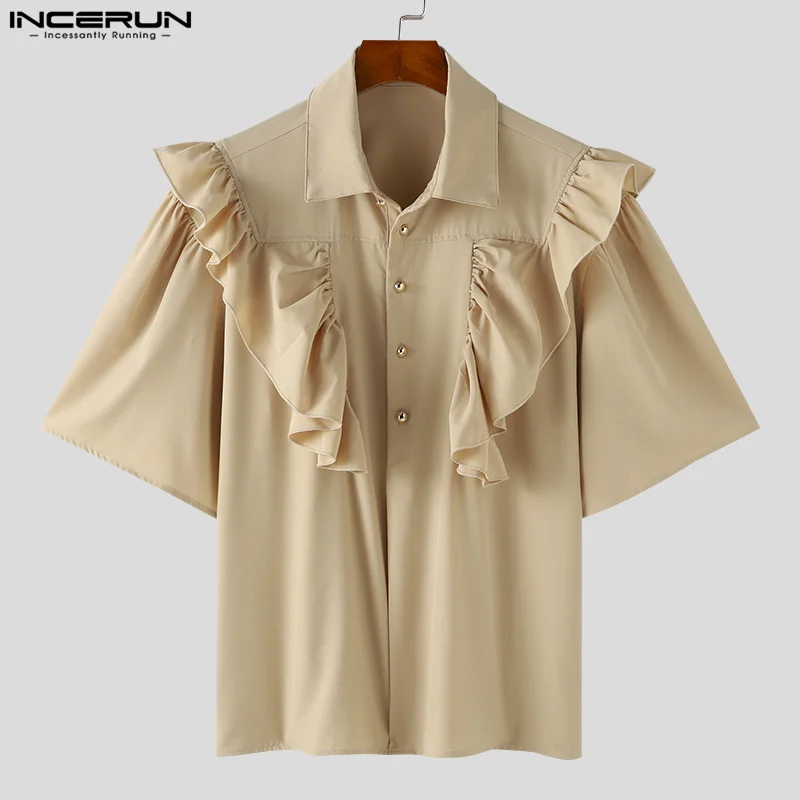 2024 Men\'s Shirt Lapel Short Sleeve Solid Color Ruffle Summer Casual Men Clothing Streetwear Loose Fashion Shirts S-2XL INCERUN