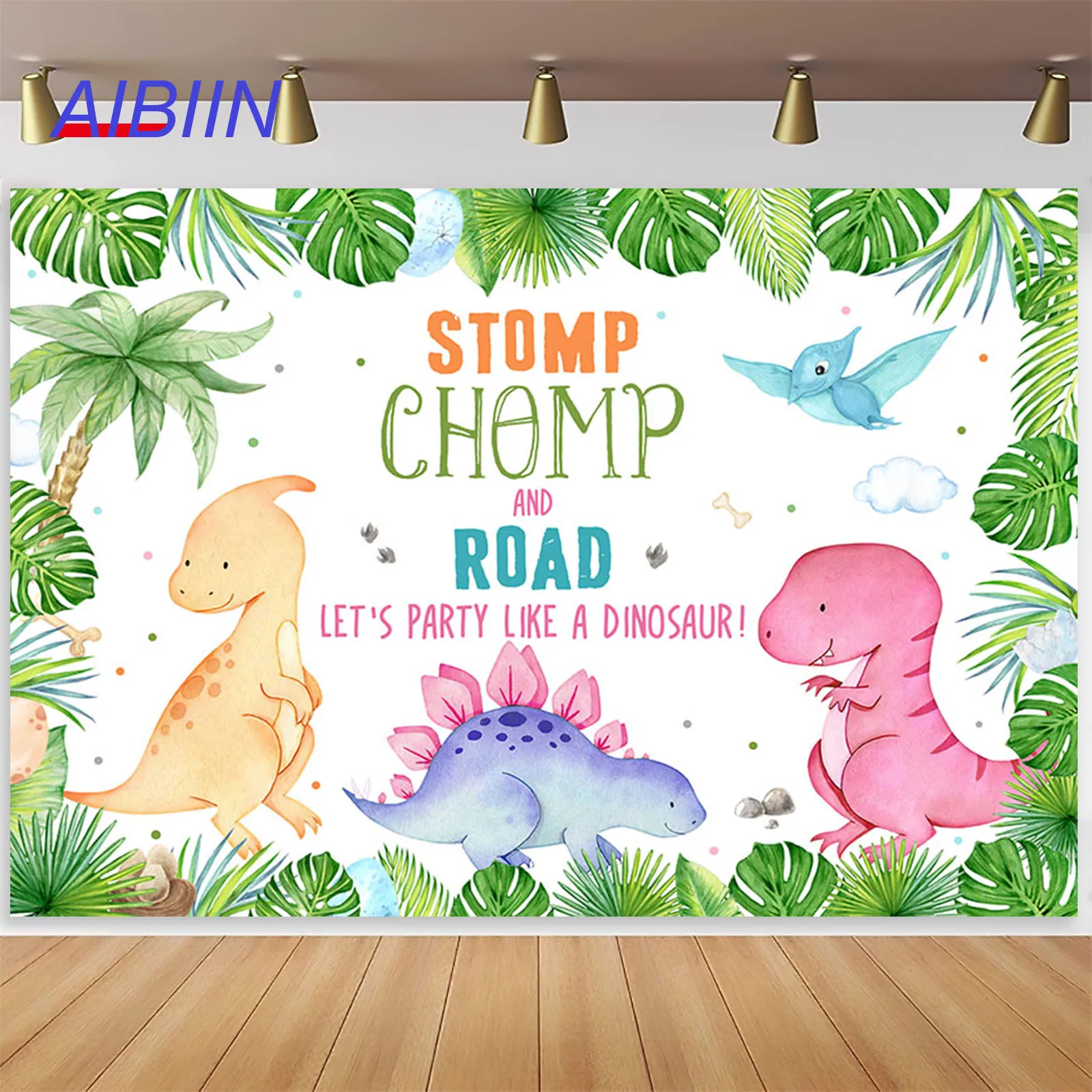 

Dinosaur Backdrop Watercolor Tropical Jungle Animals Baby Shower Party Decor Cute Dino Green Leaves Photography Background