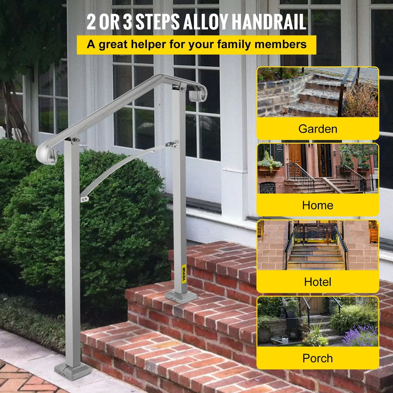 Powder-Coated Silver Handrail for 2-3 Outdoor Steps, 37.8" Post, Includes Installation Kit, Alloy Build