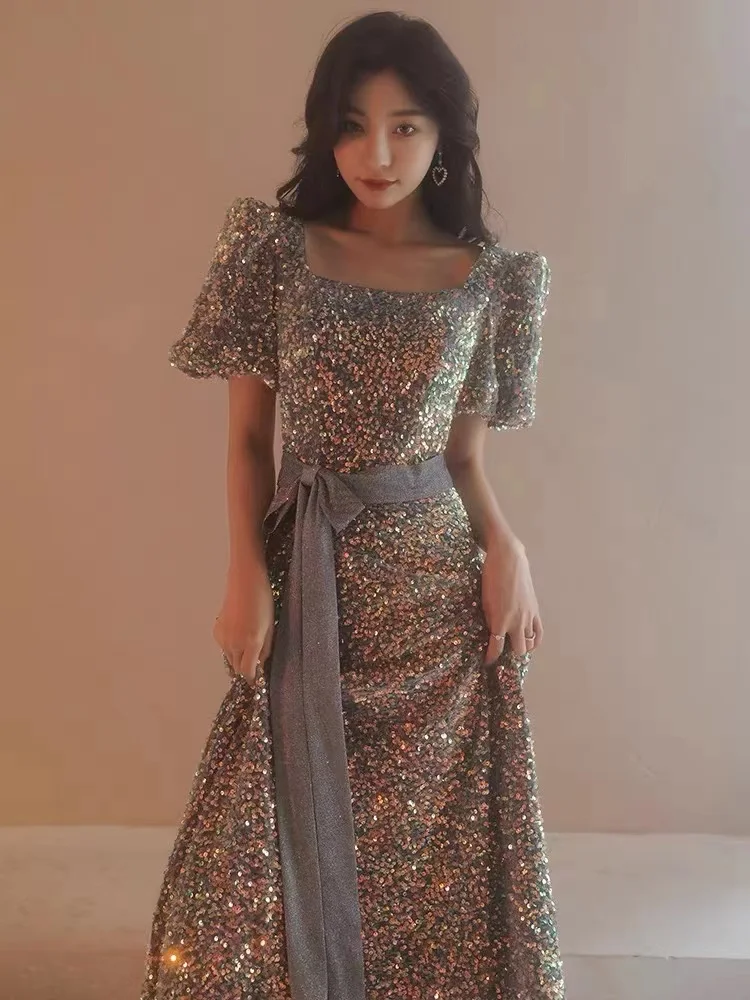 Vestidos de fiesta de lentejuelas exquisitas y brillantes, corte en A, manga abombada, cuello cuadrado, largo hasta el suelo, vestidos de noche formales con cordones y espalda descubierta