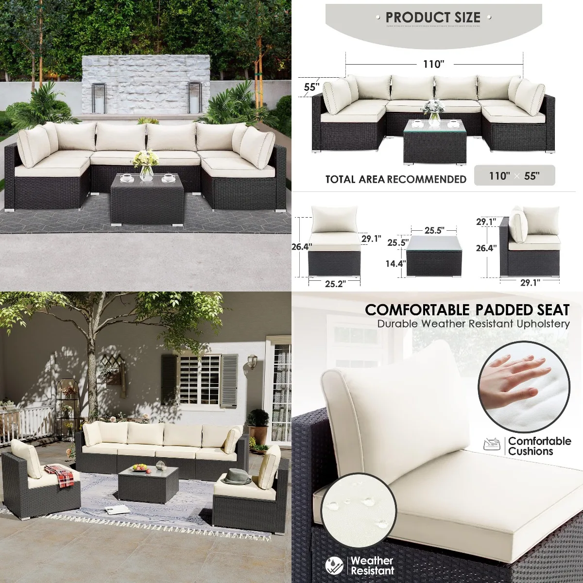 

7-Piece PE Rattan Outdoor Sectional Set All-Weather Conversation with 6 Chairs & Glass Table for Garden, Customized