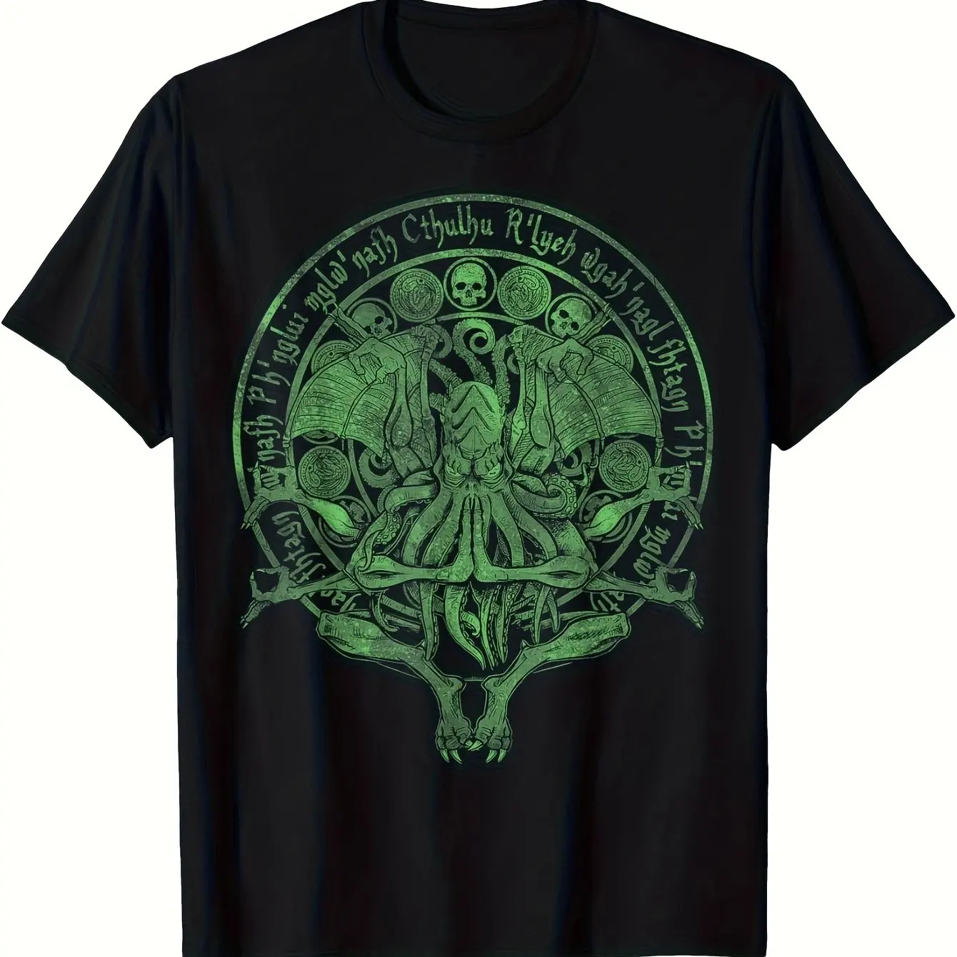 Camiseta de algodón con cuello redondo para hombre, diseño de Cthulhu Lovecraft, verde, con runa Necronomicon, ídolo de Cthulhu, estampado de mapache y calavera