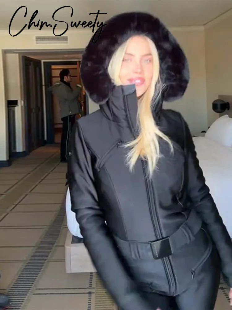 شيك فو الفراء المرقعة المرأة بذلة التزلج عالية حزام خصر سحابات جيب سيدة ملابس التزلج 2025 الشتاء الربيع الإناث رومبير