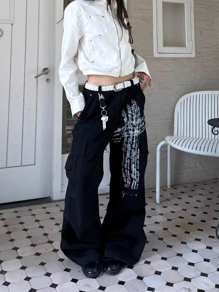 

Осень 2021, новинка Y2k, черная рабочая одежда с буквенным принтом, широкие женские джинсовые свободные брюки в стиле ретро в стиле хип-хоп, мешковатые джинсы