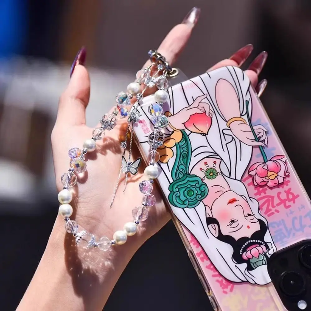 

Блестящий бисерный ремешок для телефона с кристаллами, защита от потери, бусины, кисточка, бабочка, короткий ремешок для телефона, ремешок на запястье для чехла для телефона