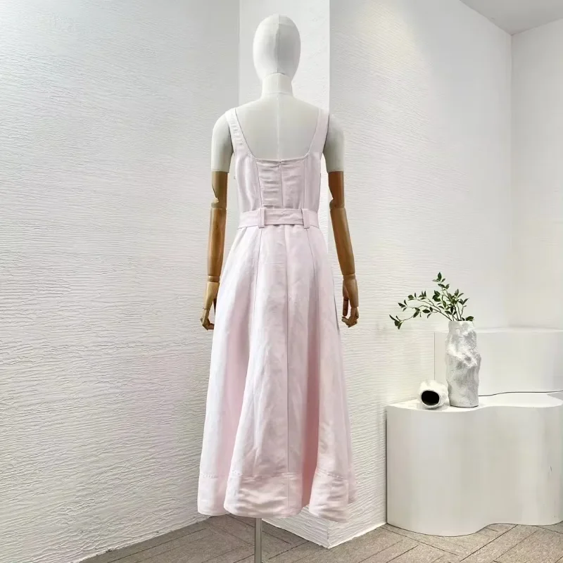 Sleeveless Pink Midi Dress for Women Sweetheart Neck Golgen Buttons Decoration Summer Party Holiday Original New 2024