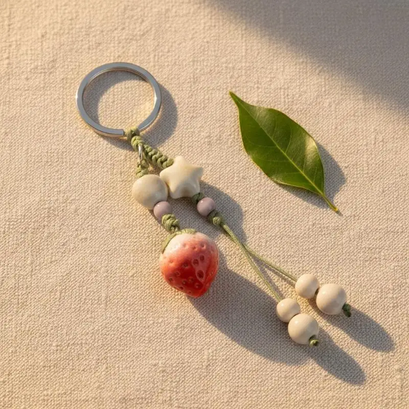 Handgefertigter Keramik-Erdbeer-Pfeffer-Schlüsselanhänger, Boho Perlen-Gewebter Schlüsselring, Niedlicher Taschenanhänger für Frauen und Mädchen, Geschenk, Tägliche Dekoration – Detail 3