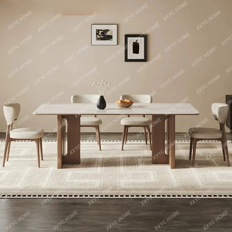 XX Medieval travertine rock slab wabi sand wind ash wood rectangular retro 2024 new dining table