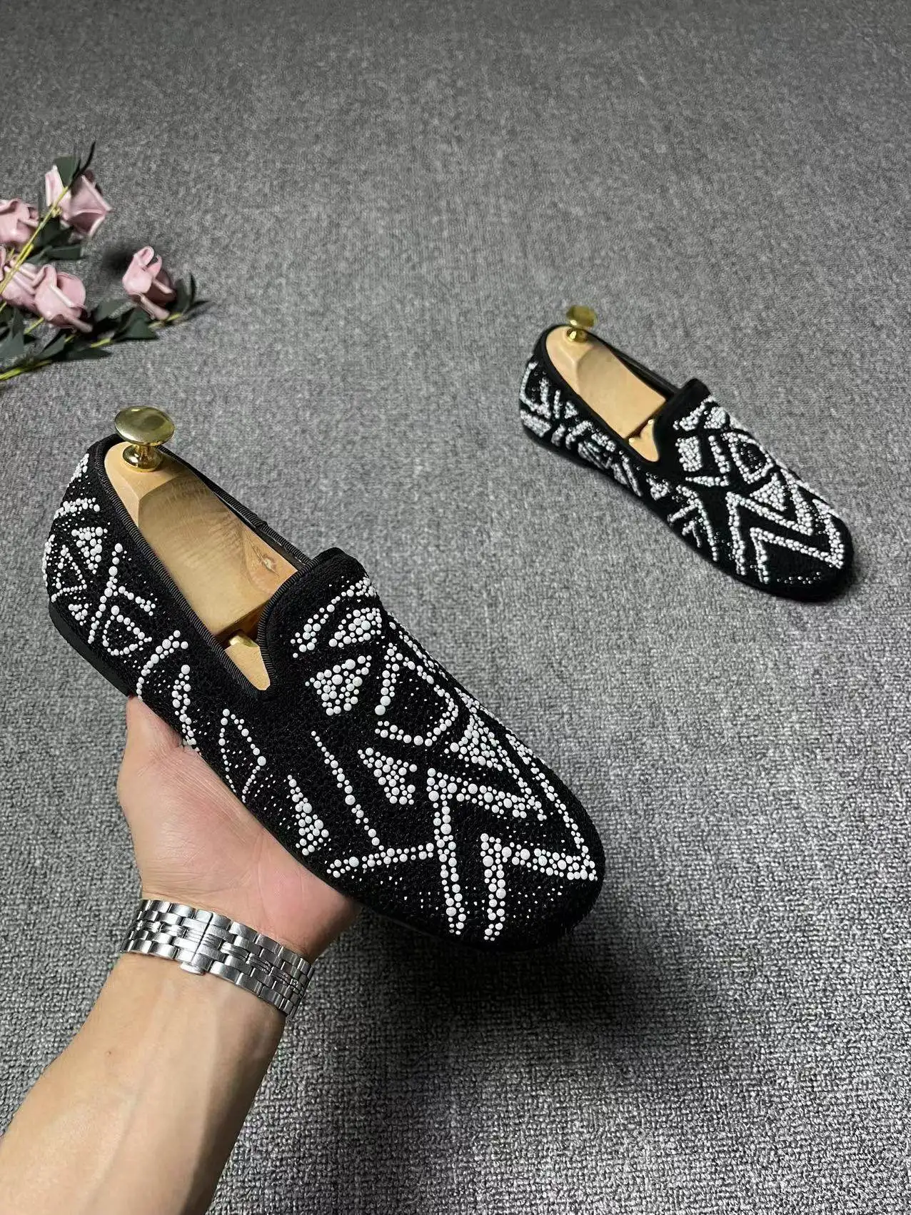 

Crystal Round Head Leather Flats Soft Sole Loafers Men Casual Slip on Shoes Fall Fashion Dress Zapatos De Hombre