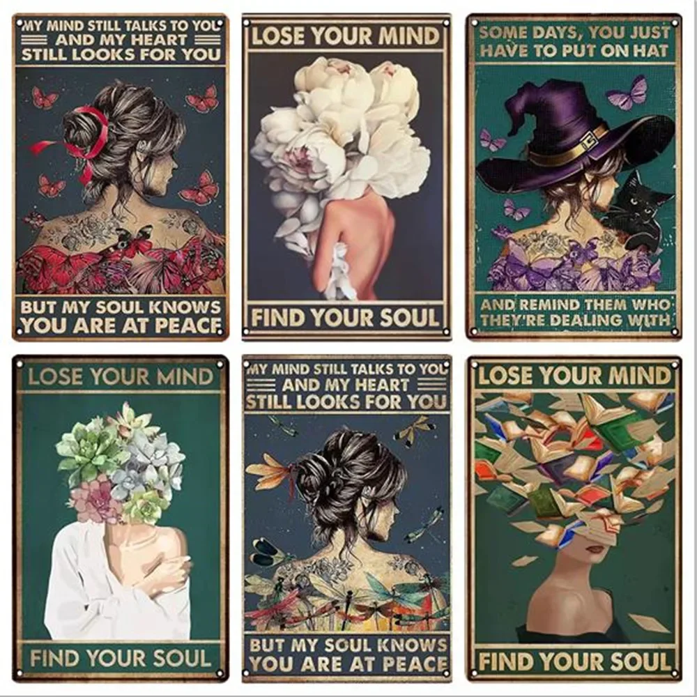 العثور على روحك ملصق زهرة امرأة علامة معدنية القط الأسود خمر اللوحة غرفة نوم غرفة المعيشة دبوس حتى لوحة تزيين جدران المنزل #3