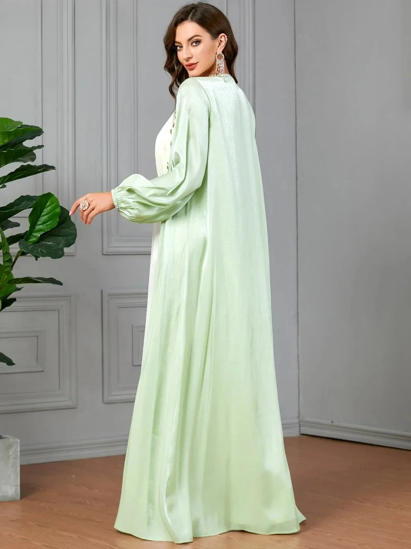 Elegantní prostřední východ zelená muslimové nastaví pro ženy eid arabové femme otevřený kimono abaya šaty islámu turecko šaty marocké kaftan róba