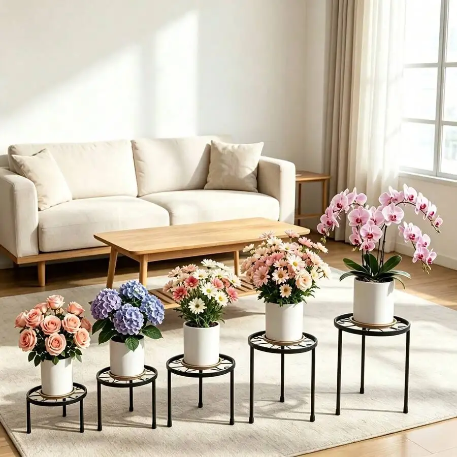 5pcs Metal Plant Holders, Black Round Flower Pot Stands With Decorative Scrollwork Platforms, Three-Leg Support And Sturdy Open