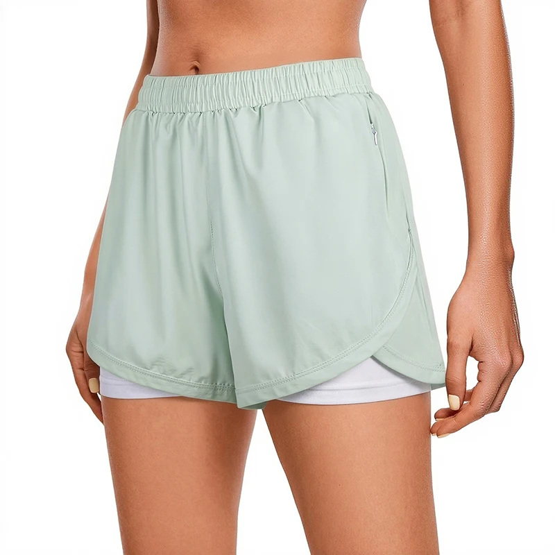 Ippolich Damen-Laufshorts mit Tasche, leichte Radlerhose mit Innenhose, sportliche Gym-Sommer-Sportshorts