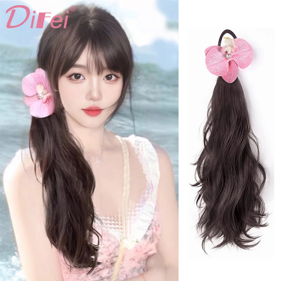 DIFEI Sweet Side Ponytail Synthetic Wig Female Phalaenopsis Side Tie Layer Long Curly Ponytail Lazy Sweet Low Tie Wig Braid Wig