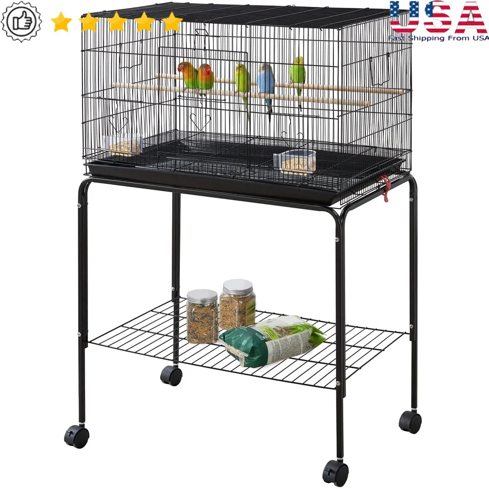 

47 Inch Metal Bird Cage with Rolling Stand Slide Out Tray Safety Doors Spacious Flight Cage Parrots and Small Birds