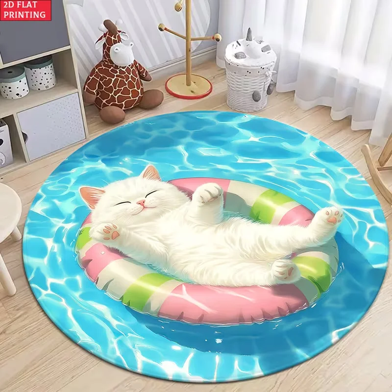 Cute Relaxing Cat on Pool Float Print Round Area Rug, Soft Non-Slip Water Effect Floor Carpet Kitty Summer Aesthetic Decor Mat