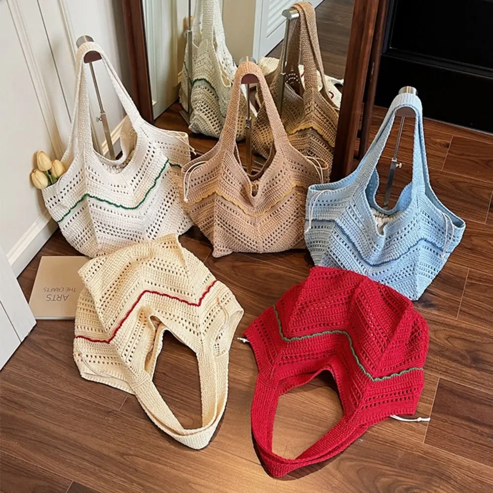 

Модная вязаная крючком сумка в стиле бохо, полая вязаная большая сумка, большая вместительная тканая сумка на плечо для отдыха, летняя сумка